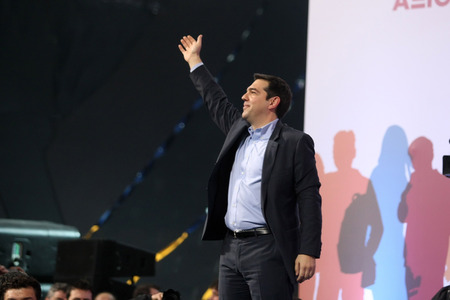 Thessaloniki, Greece JJanuary 21, 2015 - Alexis Tsipras leader of the Coalition of the Radical Left (SYRIZA) speaks in Palai de sport, Thessaloniki, Greece few days before the National elections 2015のeditorial素材