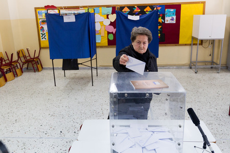 THESSALONIKI, GREECE, JANUARY 25, 2015: Highlights during Greek General Election 2015. Greeks are voting on Sunday to elect the 300 members of the parliament in accordance with the constitution.のeditorial素材