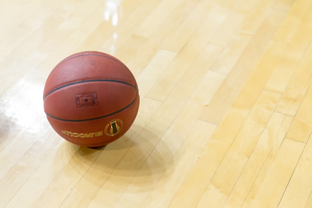 THESSALONIKI, GREECE - JAN 21, 2015: Basketball ball on the ground prior to the Eurocup game Paok vs...