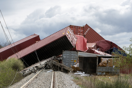 THESSALONIKI, GREECE, MARCH 28,2015: Derailed train coaches at the site of a train accident at the...