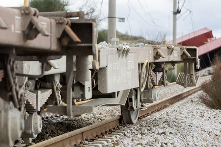 THESSALONIKI, GREECE, MARCH 28,2015: Derailed train coaches at the site of a train accident at the...