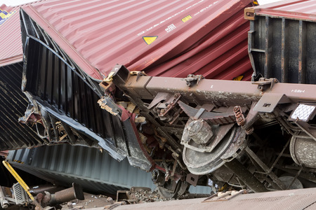 THESSALONIKI, GREECE, MARCH 28,2015: Derailed train coaches at the site of a train accident at the Gefyra community, in northern Greece. The train was carrying electronic equipment .のeditorial素材