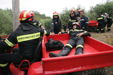 ILIA,GREECE,MAY 21,2015:Pan-European exercise of the Fire Brigade with evacuation and village houses...