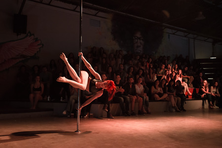 THESSALONIKI, GREECE, MAY 30, 2015: Unknown dancer During the "Pole Battle Tricks 2015". it is the 1st time in Thessaloniki Greece at WE sport & culture complex.のeditorial素材