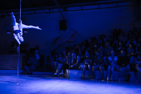 THESSALONIKI, GREECE, MAY 30, 2015: Unknown dancer During the "Pole Battle Tricks 2015". it is the 1st time in Thessaloniki Greece at WE sport & culture complex.のeditorial素材