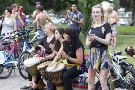 THESSALONIKI, GREECE - JUNE 5, 2015: 8th World Naked Bike Ride. Hundreds of cyclists either naked or half naked demanding a more sustainable Thessaloniki to mobility and cycling.のeditorial素材