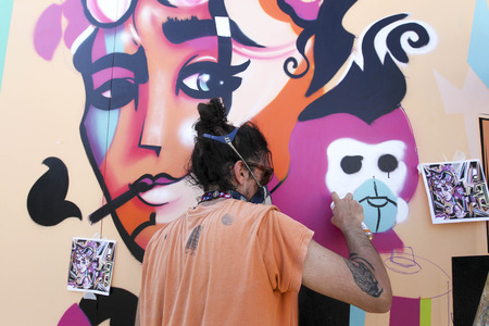 THESSALONIKI, GREECE JUNE, 15 2015: Painters graffiti during the course of Street Art Festival Thessalonikiのeditorial素材