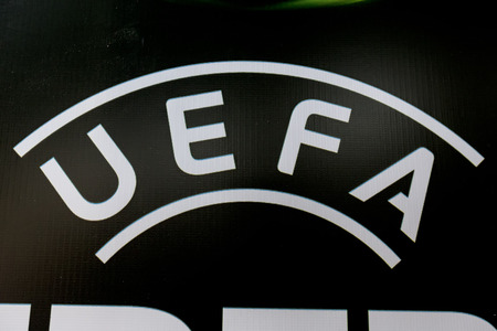 KATERINI, GREECE, JUNE 9,2015: The Uefa banner during the Under19 Championship draw.のeditorial素材