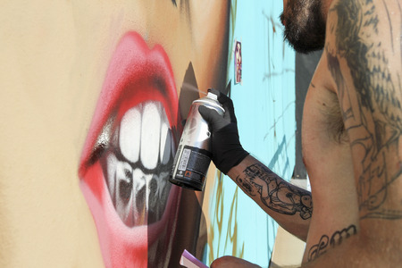 THESSALONIKI, GREECE JUNE, 15 2015: Painters graffiti during the course of Street Art Festival Thessalonikiのeditorial素材