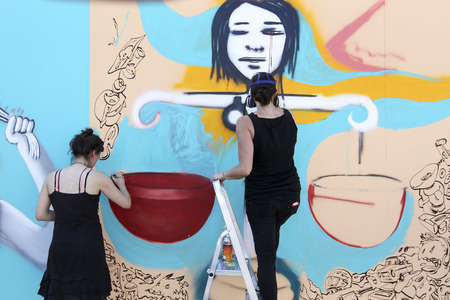 THESSALONIKI, GREECE JUNE, 15 2015: Painters graffiti during the course of Street Art Festival Thessalonikiのeditorial素材