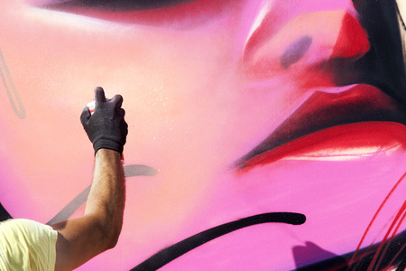 THESSALONIKI, GREECE JUNE, 15 2015: Painters graffiti during the course of Street Art Festival Thessalonikiのeditorial素材
