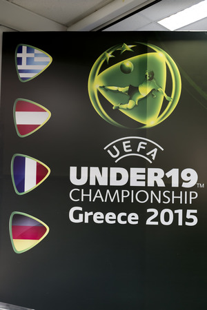 KATERINI, GREECE, JUNE 9,2015: The Uefa Under19 Championship Greece 2015 banner.のeditorial素材