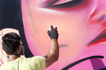 THESSALONIKI, GREECE JUNE, 15 2015: Painters graffiti during the course of Street Art Festival Thessalonikiのeditorial素材