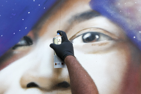 THESSALONIKI, GREECE JUNE, 15 2015: Painters graffiti during the course of Street Art Festival Thessalonikiのeditorial素材