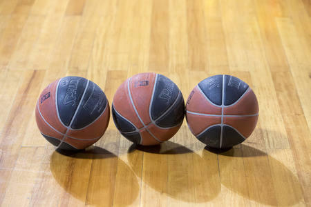 THESSALONIKI, GREECE, JUN 17, 2015: Close-up of a baskeball on the ground during the Greek Basket League game Aris vs Paokのeditorial素材