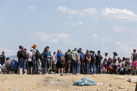 Idomeni, Greece - August 19 , 2015: Hundreds of immigrants are in a wait at the border between...