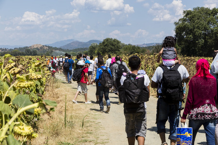 Idomeni, Greece - August 19 , 2015: Hundreds of immigrants are in a wait at the border between Greece and FYROM waiting for the right time to continue their journey from unguarded passagesのeditorial素材