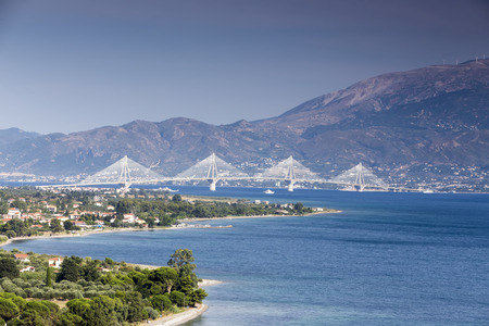 Suspension bridge crossing Corinth Gulf strait, Greece. Is the world's second longest cable-stayed bridgeの写真素材