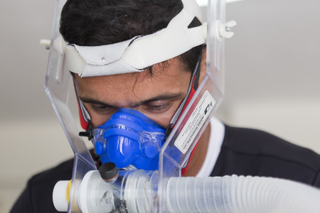 Thessaloniki, Greece- June 29, 2015: Panagiotis Deligiannidis football player of PAOK while going through ergometric tests in Thessaloniki, Greece.のeditorial素材