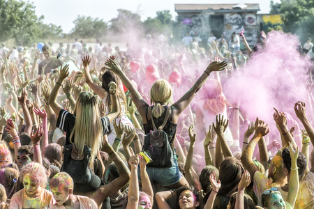 Thessaloniki, Greece - Septemper 6, 2015: Participants at the 4th Colors day in Thessaloniki, Greece. A recreation of the famous Holi festival celebrated in India, took place in Thessaloniki Greece.のeditorial素材