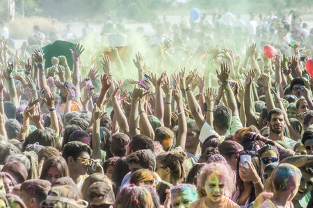 Thessaloniki, Greece - Septemper 6, 2015: Participants at the 4th Colors day in Thessaloniki, Greece. A recreation of the famous Holi festival celebrated in India, took place in Thessaloniki Greece.のeditorial素材