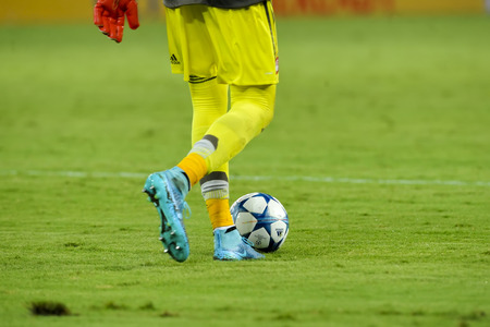 Athens, Greece- September 16, 2015: Players feet with the official ball during the UEFA Champions League game between Olympiacos and Bayern, in Athens, Greece.のeditorial素材