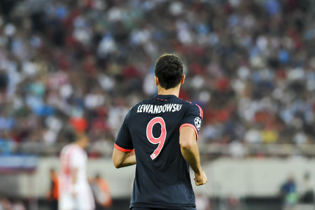 Athens, Greece- September 16, 2015: Robert Lewandowski during the UEFA Champions League game between Olympiacos and Bayern, in Athens, Greece.のeditorial素材