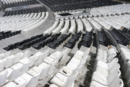 Thessaloniki, Greece- March 3, 2015: seats at the Toumba stadium during team practice in Thessaloniki, Greece.のeditorial素材