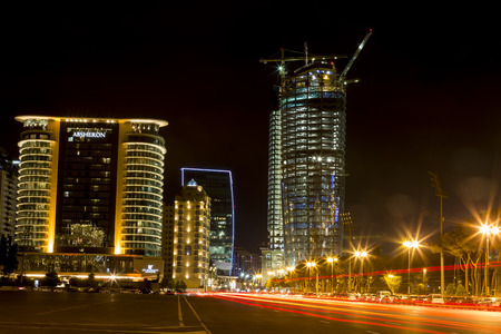 Azerbaijan, Baku - September 16, 2015: City view of the capital of Azerbaijan, Baku at night, in Azerbaijan.のeditorial素材