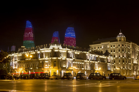 Azerbaijan, Baku - September 16, 2015: City view of the capital of Azerbaijan, Baku at night, in Azerbaijan.のeditorial素材