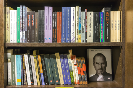 Thessaloniki, Greece- March 16, 2015: Bookshelves in a bookstore in Thessaloniki, Greeceのeditorial素材