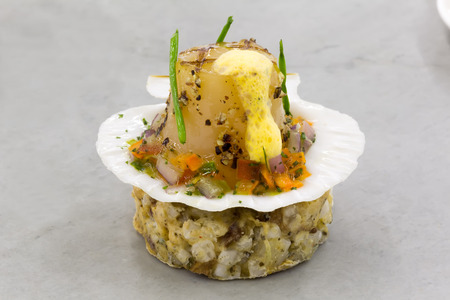 Gourmet dish on a white plate. Food background.