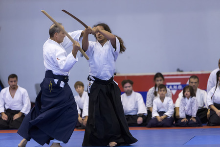 Thessaloniki, Greece, Oktober18 2015: Demonstration by men and women faculties of Japanese traditional martial arts, judo, karate, aikido, kendoのeditorial素材