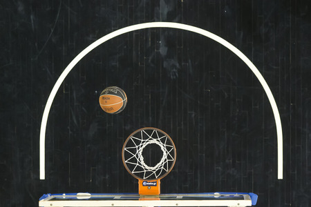 Thessaloniki, Greece, Novebmer 2, 2015: Basketball falls through the net  during the Greek Basket League game Paok vs Olympiakosのeditorial素材
