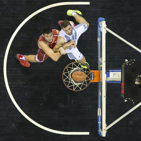Thessaloniki, Greece, Oct 17, 2015: Some players in action during during the Greek Basket League...