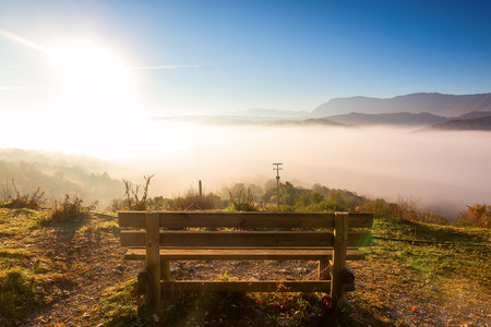 autumn scenery up early with fog in Zagorochoria, Epirus Greeceの写真素材