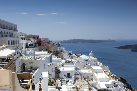 Santorini, Greece- May 13, 2015: Top view of houses and the ocean in Santorini island, Aegean sea in Greece.The most famous island in Greece for romance.のeditorial素材
