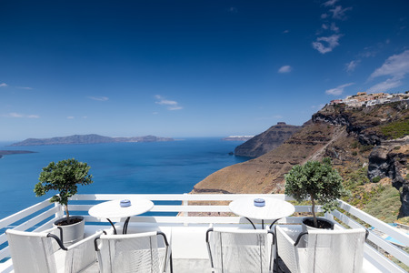 View of the ocean from a balcony in Santorini, Greeceの写真素材