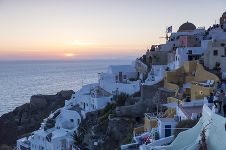 View of Oia traditional white houses and old castle of Oia, Santorini, Greece. View from aboveの写真素材