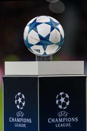 Leverkusen, Germany- December 9, 2015: The ball of the Champions League on a pedestal close-up during the UEFA Champions League game between Bayer 04 Leverkusen vs Barcelona at BayArena stadiumのeditorial素材