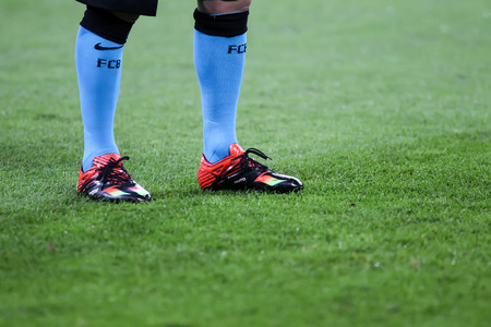 Leverkusen, Germany- December 9, 2015: The feet of Lionel Messi during the UEFA Champions League game between Bayer 04 Leverkusen vs Barcelona at BayArena stadiumのeditorial素材
