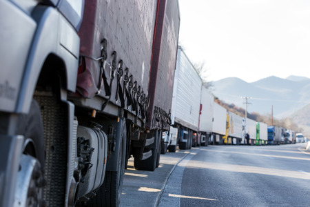 Promachonas, Greece - February 7, 2016 :International transport trucks are blocked  from the border...