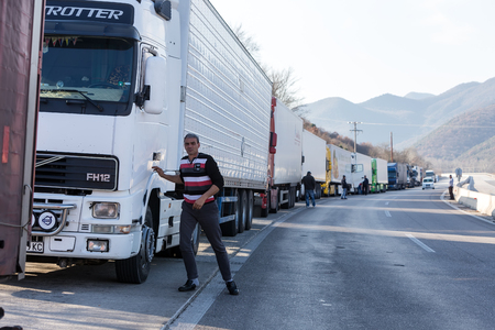 Promachonas, Greece - February 7, 2016 :International transport trucks are blocked  from the border crossing of Promachonas between Greece and Bulgaria, as farmers set up a blockade at customs offices.のeditorial素材