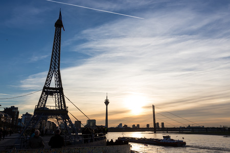 Dusseldorf, Germany - December 8, 2015: Replica of Eiffel Tower in support of France in Dusseldorf, Germany.のeditorial素材