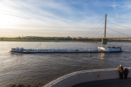 Dusseldorf, Germany - December 8, 2015: Cityscape of Dusseldorf over the Rhine river in the eveningのeditorial素材