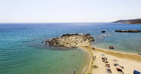 Ios, Greece - September 19, 2015: Aerial view of the beaches of Greek island of Ios island, Cyclades, Greece. Ios is well known as the party island with the lively atmosphere and the endless fun.のeditorial素材