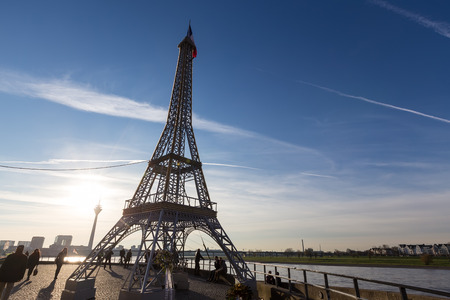 Dusseldorf, Germany - December 8, 2015: Replica of Eiffel Tower in support of France in Dusseldorf, Germany.のeditorial素材