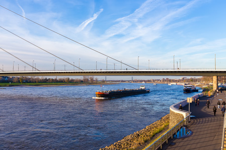 Dusseldorf, Germany - December 8, 2015: Cityscape of Dusseldorf over the Rhine river in the eveningのeditorial素材
