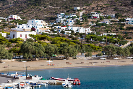 Ios, Greece - September 19, 2015: Classic village with white houses in the island of Ios, Cyclades, Greece. Ios is known as the party island with the lively atmosphere and the endless fun.のeditorial素材