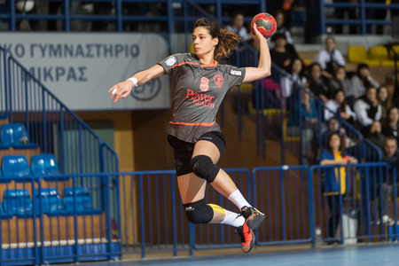 Thessaloniki, Greece - February 13, 2016: Handball player in action during the Greek Women Cup Final handball game Arta vs Nea Ioniaのeditorial素材